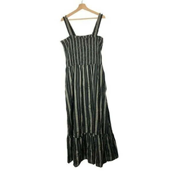 Refinity Green & Black Maxi Stripe Safari Smocked Maxi Dress L - Picture 3 of 6